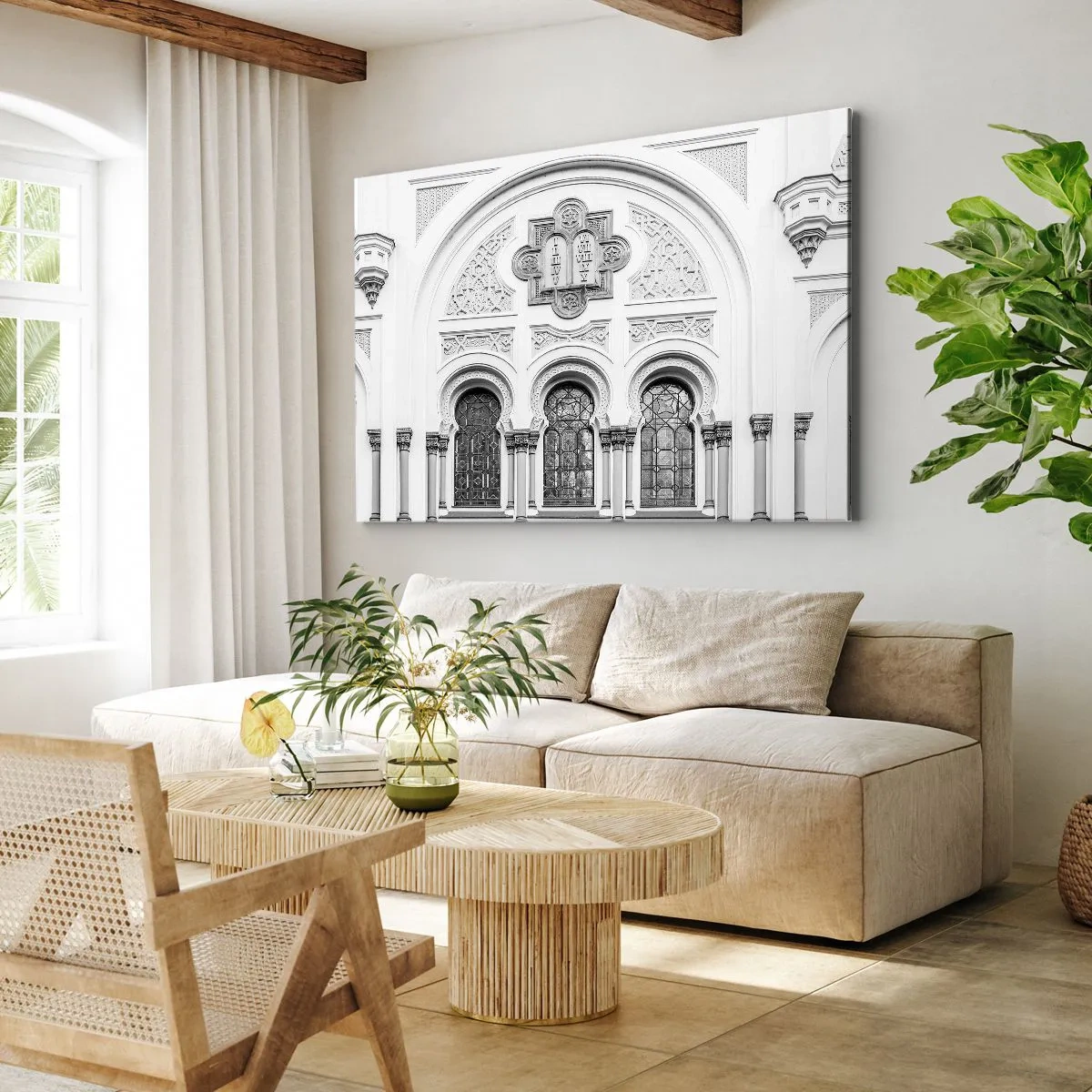 Schilderen op canvas - Architectonische details van de gevel in een monochrome stijl - 70x50cm - Op de grens van culturen - Moderne wanddecoratie voor woonkamer en slaapkamer ARTTOR