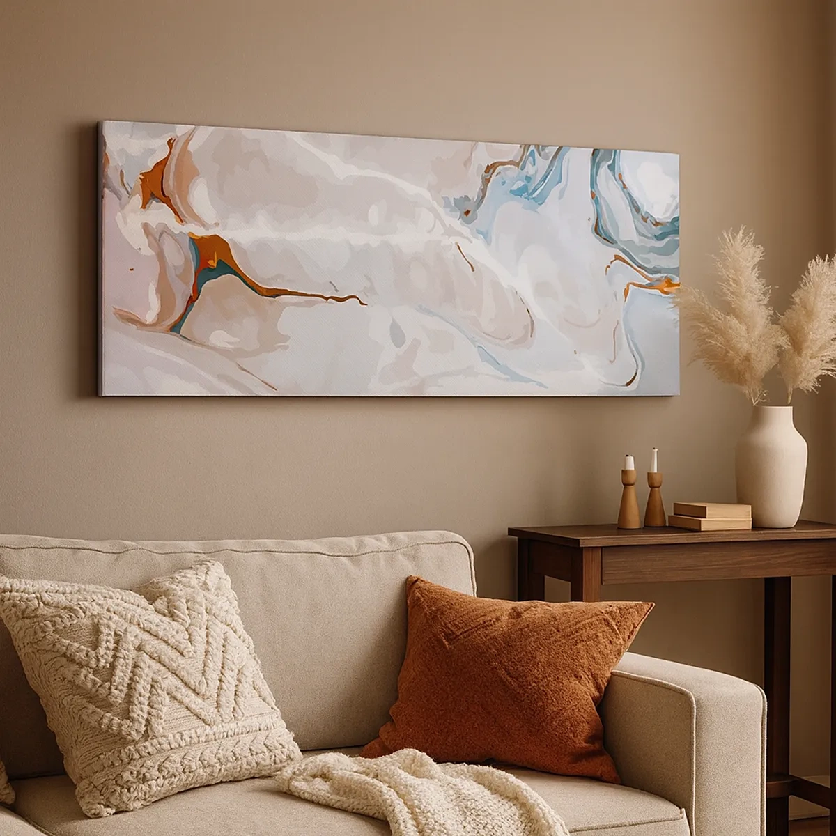 Schilderen op canvas - Blauw kronkelt onder het wit - 30x30 cm