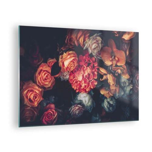Schilderen op glas - Donker bloemstuk met rozen en orchideeën - 70x50cm - Zoals bij de Hollandse meesters - Moderne wanddecoratie voor woonkamer en slaapkamer ARTTOR