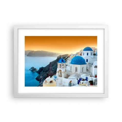 Poster in een witte lijst - Santorini - genesteld tegen de rotsen - 40x30 cm