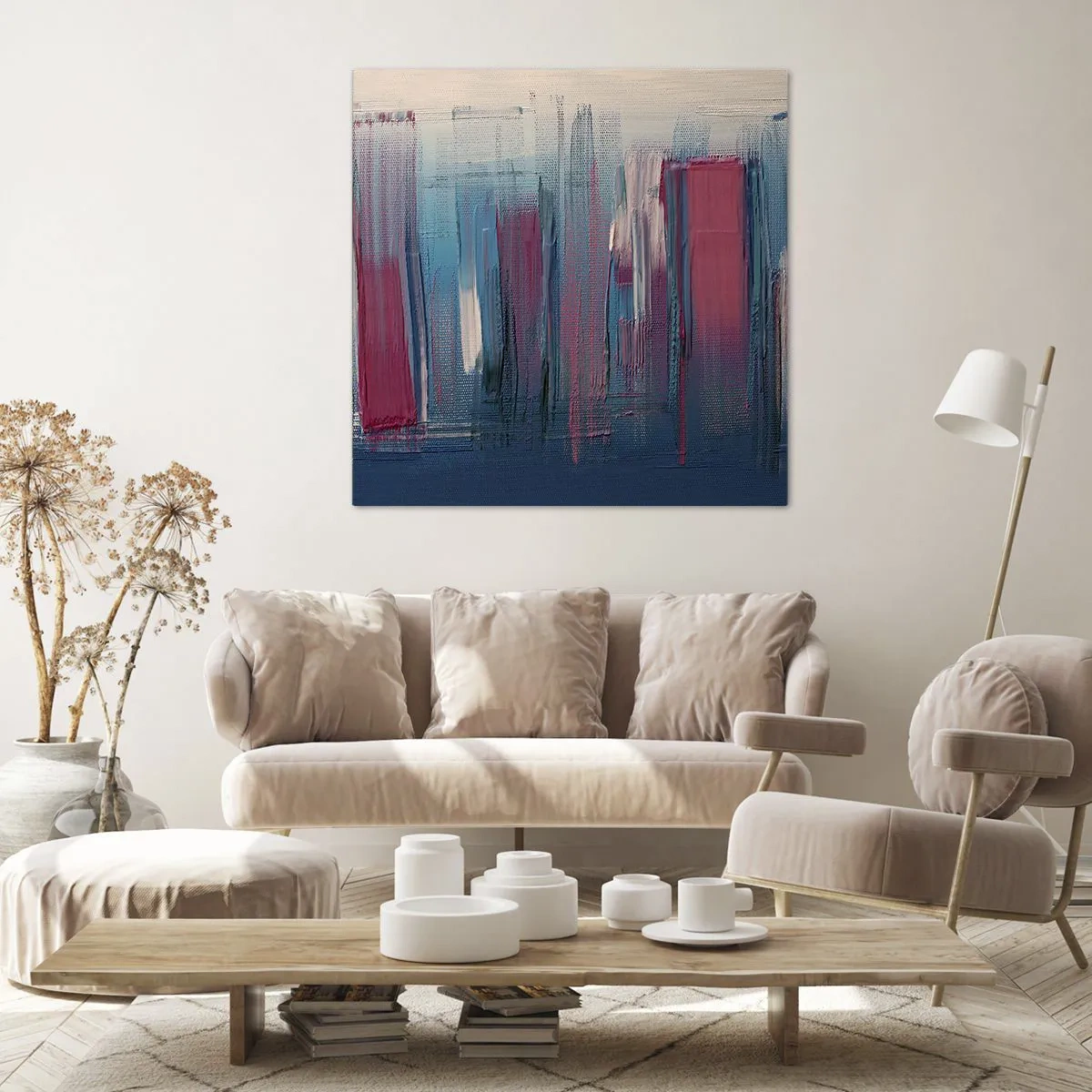 Schilderen op canvas - Verticale compositie in blauw en rood - 30x30 cm