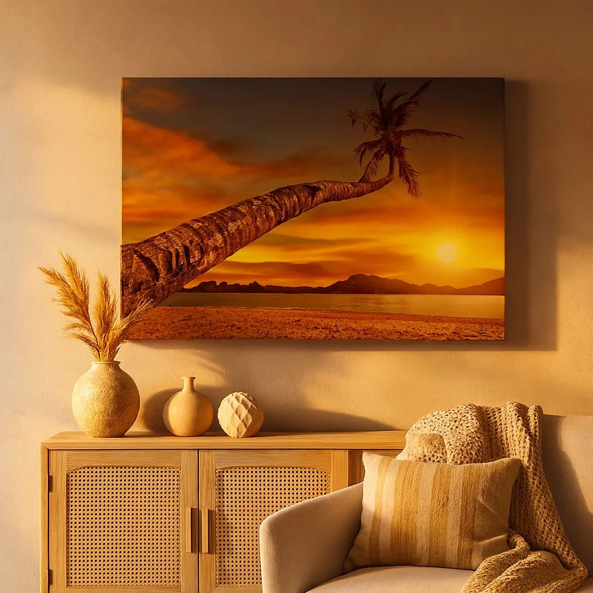 Schilderen op canvas - Palmboom op het strand bij zonsondergang met uitzicht op de zee - 70x50cm - Exotische vakantie, Caribisch avontuur - Moderne wanddecoratie voor woonkamer en slaapkamer ARTTOR