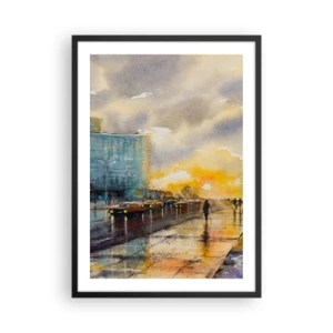 Poster in een zwarte lijst - Een pittoresk straatje in de regen bij zonsondergang - 50x70cm - Het leven aan de oever - Moderne wanddecoratie voor woonkamer en slaapkamer ARTTOR