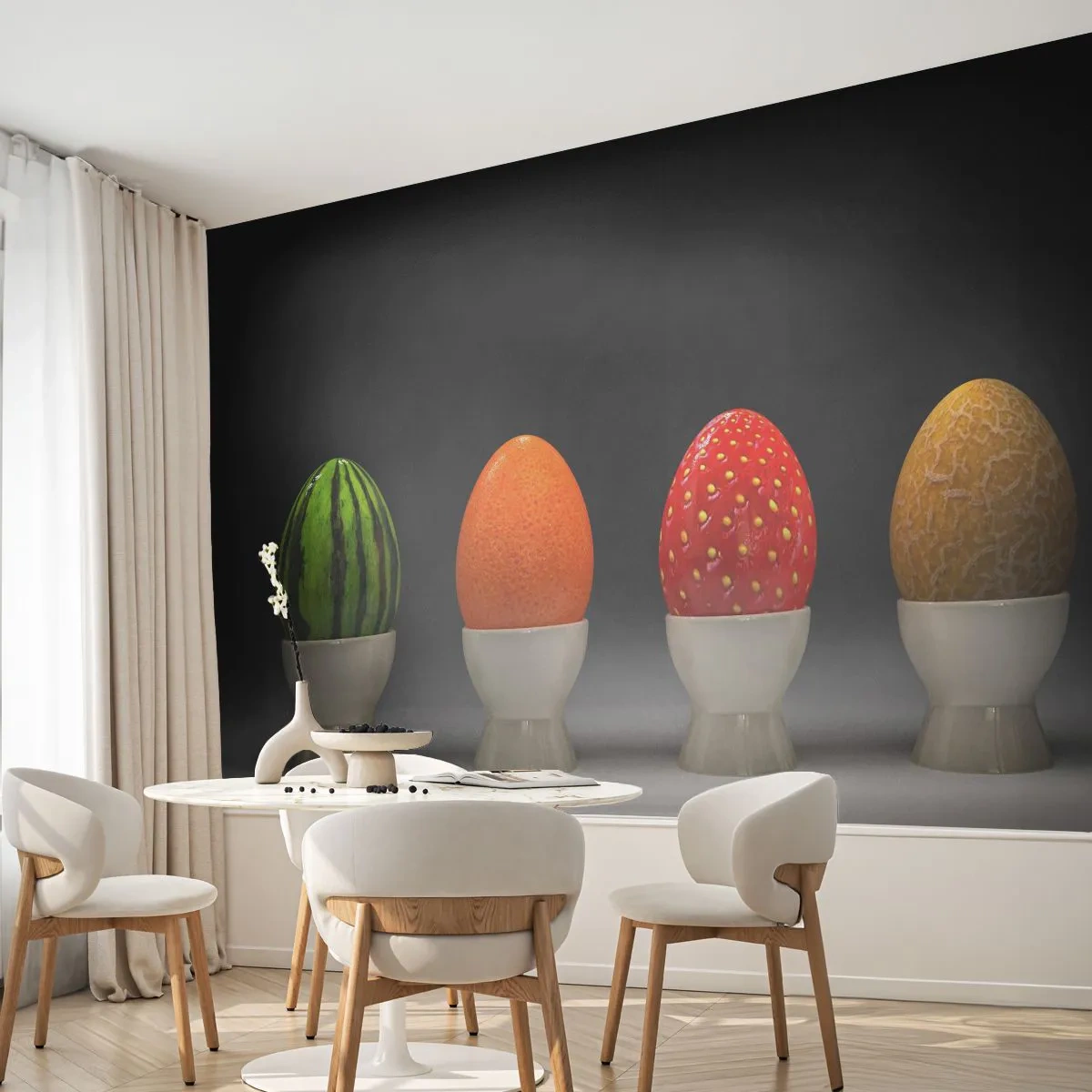 Fotobehang Premium Sand - Fruit ontbijt - Abstractie, Fruit, Ei - 400x280 cm