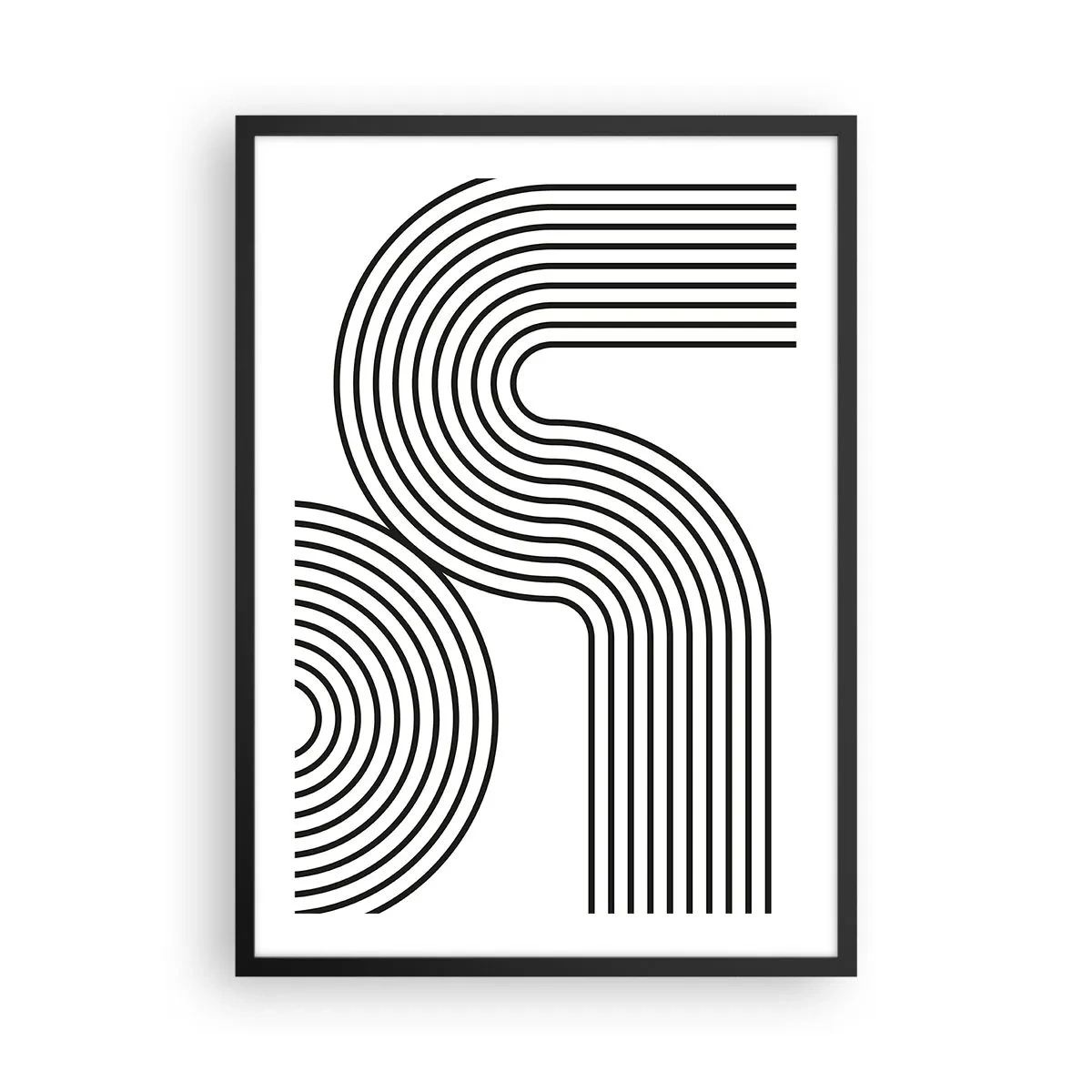 Poster in een zwarte lijst - Moderne afbeeldingen met abstracte lijnen in zwart-wit - 50x70cm - In de bocht - Moderne wanddecoratie voor woonkamer en slaapkamer ARTTOR