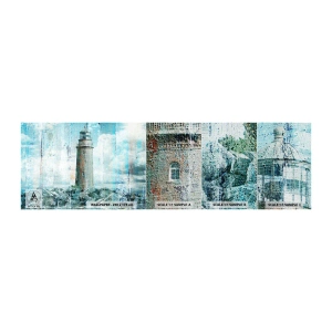 Fotobehang Monster Premium Canvas - Op oud hout - Abstractie, Vuurtoren, Zee - 100x30 cm