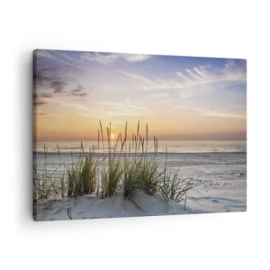 Schilderen op canvas - Een zandstrand bij zonsondergang met gras op de achtergrond - 70x50cm - Kijk, denk, voel - Moderne wanddecoratie voor woonkamer en slaapkamer ARTTOR