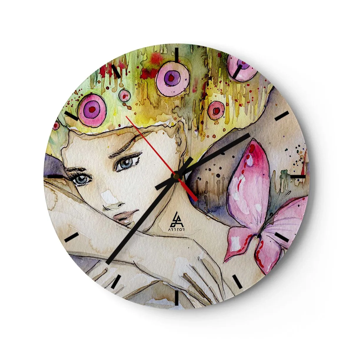 Wandklok - Klok - Een aquarel van een vrouw met een vlindermotief en kleurrijke details. - 30x30cm - Vlinderprinses - Moderne wanddecoratie voor woonkamer, keuken en slaapkamer ARTTOR
