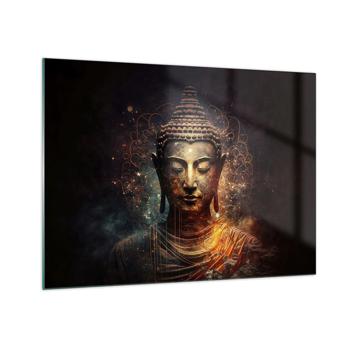 Schilderen op glas - Een gouden Boeddhabeeld op een donkere achtergrond met ornamenten - 70x50cm - Geestelijke balans - Moderne wanddecoratie voor woonkamer en slaapkamer ARTTOR
