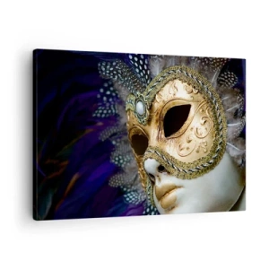 Schilderen op canvas - Gouden Venetiaans masker met decoratieve veren en ornamenten - 70x50cm - Venetiaans portret in goud - Moderne wanddecoratie voor woonkamer en slaapkamer ARTTOR