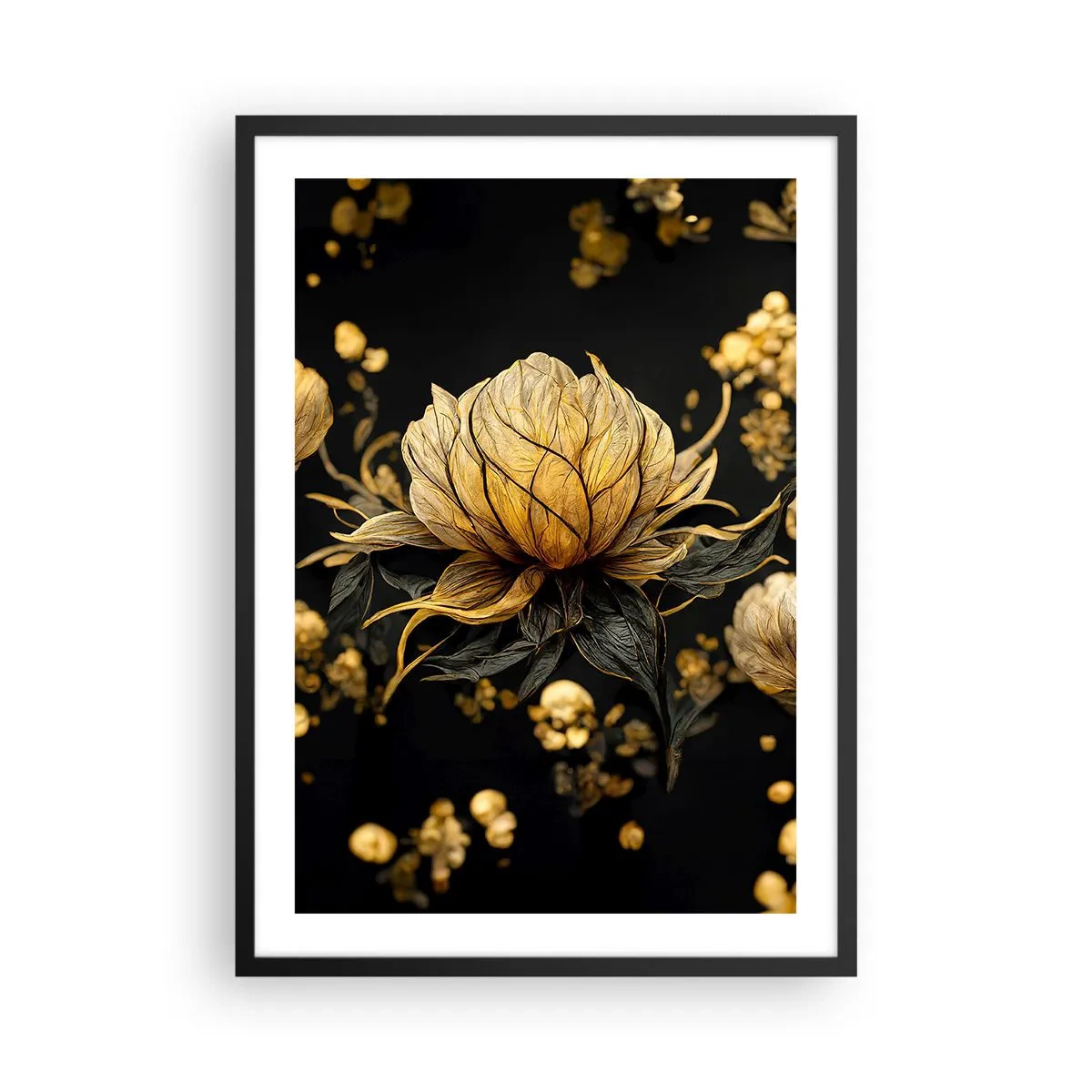 Poster in een zwarte lijst - Een gouden bloem op een zwarte achtergrond in een elegante compositie - 50x70cm - Subtiele kwetsbaarheid - Moderne wanddecoratie voor woonkamer en slaapkamer ARTTOR