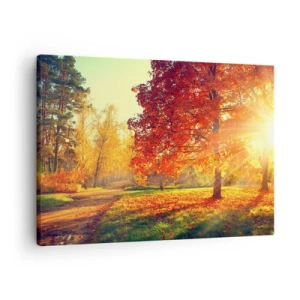 Schilderen op canvas - Herfstpark verlicht door zonlicht - 70x50cm - Rood is mooi - Moderne wanddecoratie voor woonkamer en slaapkamer ARTTOR