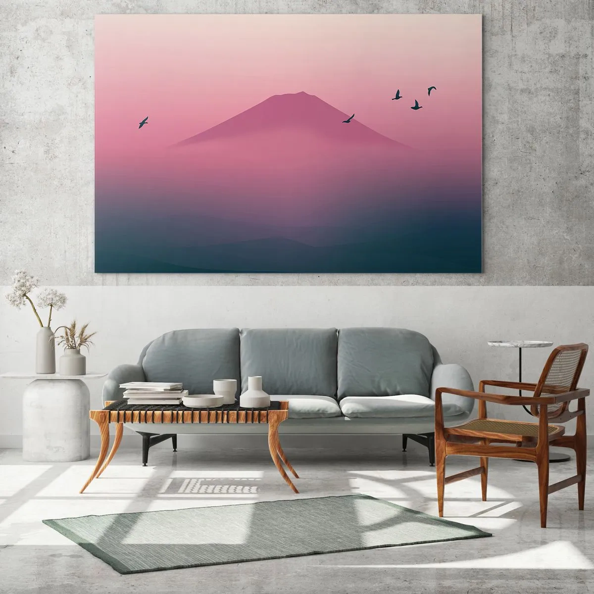 Schilderen op glas - Een minimalistisch landschap met een berg en vogels in pastelkleuren. - 70x50cm - Wandelaars boven de wolken - Moderne wanddecoratie voor woonkamer en slaapkamer ARTTOR