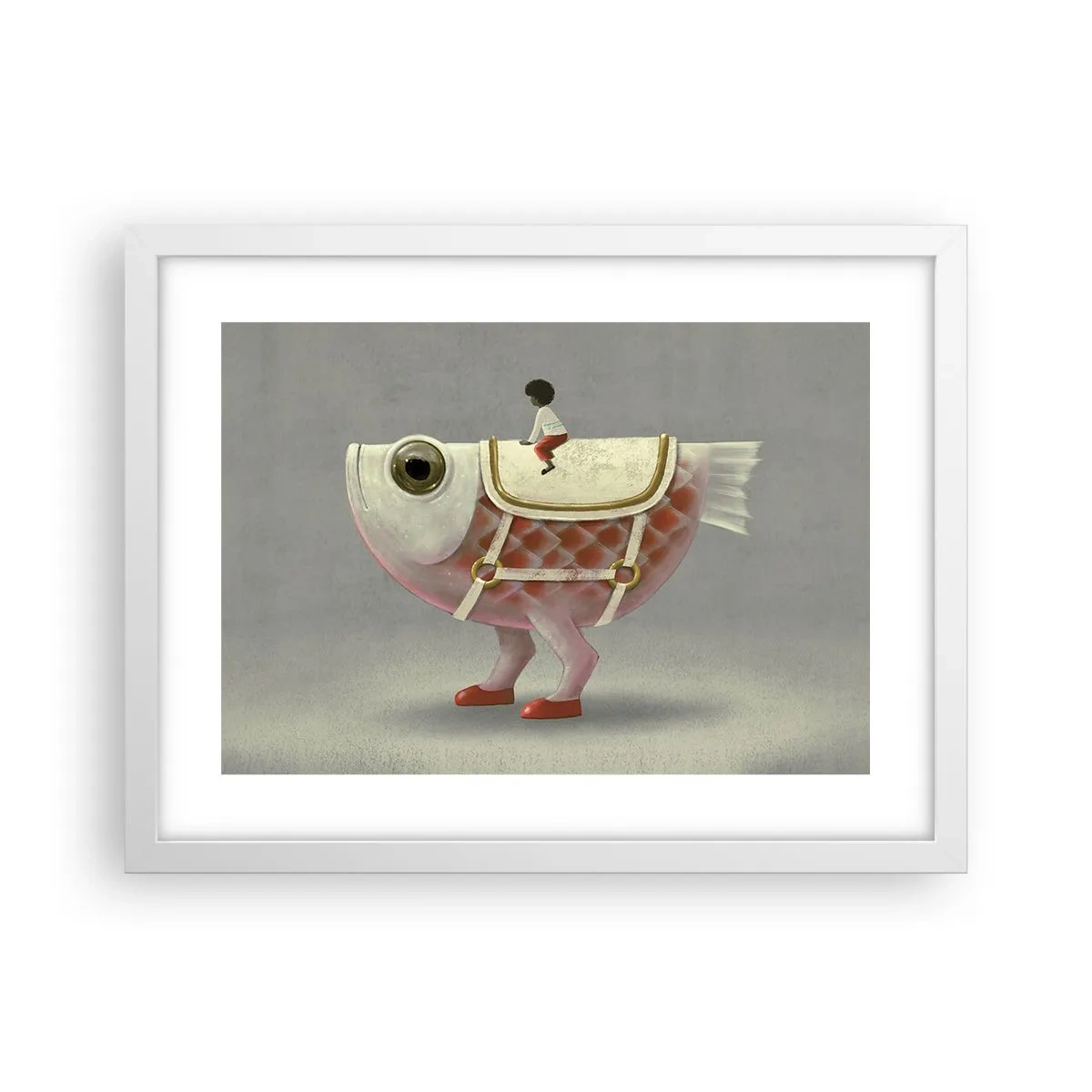 Poster in een witte lijst - Ruiter op een surrealistische vis - 40x30 cm