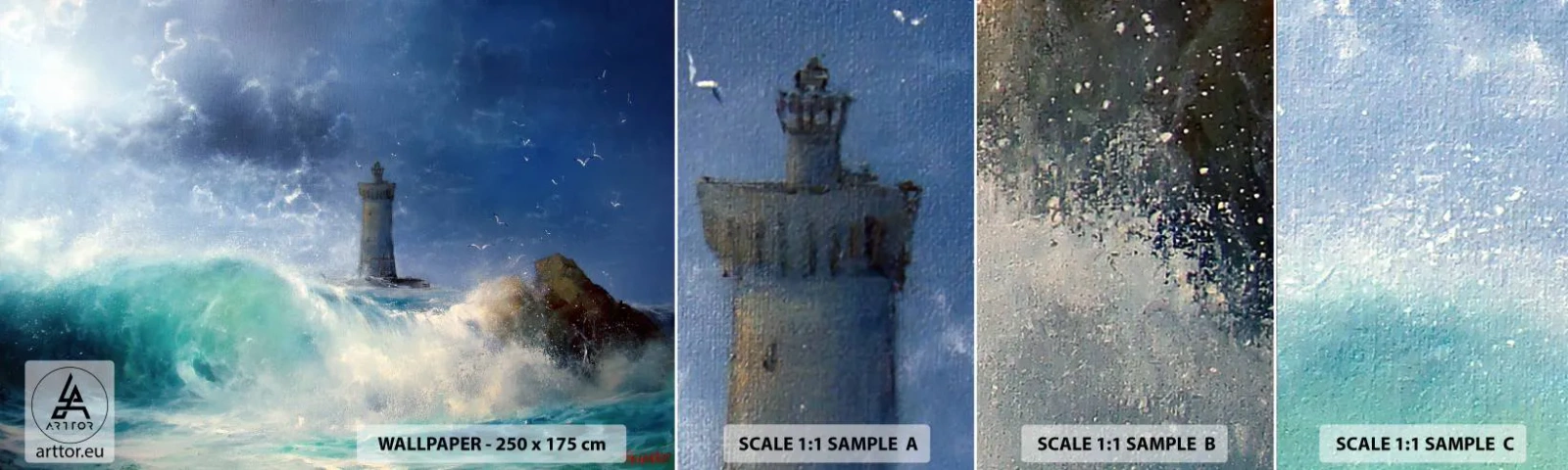 Fotobehang Monster Zelfklevend Deluxe Sticker - Op uw hoede voor de elementen - Landschap, Vuurtoren, Storm - 100x30 cm