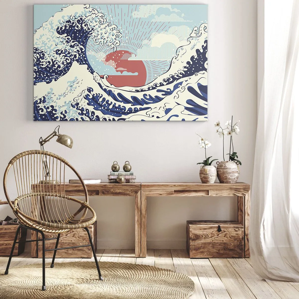 Schilderen op canvas - Oceaan golven en een Japanse zonsondergang - 70x50cm - Van Japanse inspiratie - Moderne wanddecoratie voor woonkamer en slaapkamer ARTTOR