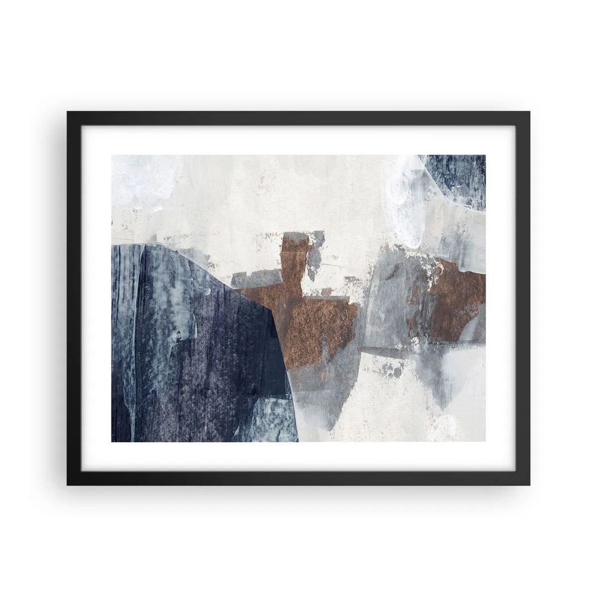 Poster in een zwarte lijst - Blauwe en bruine vormen - 50x40 cm