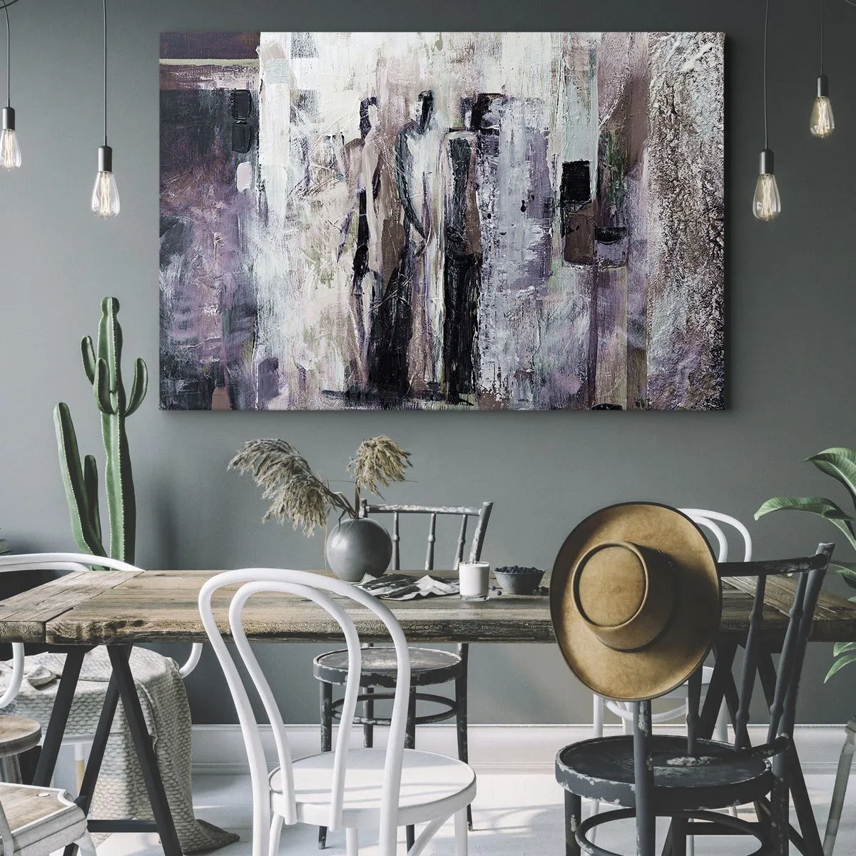 Schilderen op canvas - Een abstracte compositie met drie figuren in pastelkleuren. - 70x50cm - De mysterieuze drie - Moderne wanddecoratie voor woonkamer en slaapkamer ARTTOR
