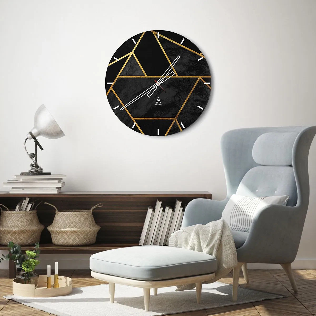 Wandklok - Klok - Zwarte achtergrond met geometrische gouden patronen in een elegante stijl - 30x30cm - Duisternis en glans - Moderne wanddecoratie voor woonkamer, keuken en slaapkamer ARTTOR