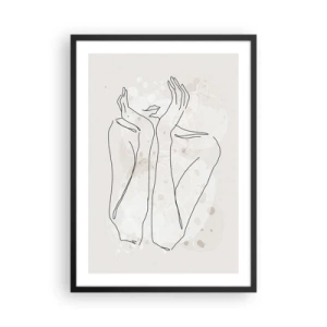 Poster in een zwarte lijst - Contourtekening van een hand met een abstracte achtergrond in beige tinten - 50x70cm - Een dromerig moment - Moderne wanddecoratie voor woonkamer en slaapkamer ARTTOR