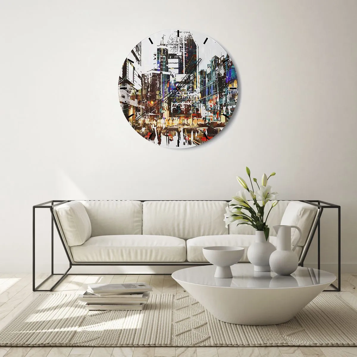 Wandklok - Klok - Abstract stadsgezicht in intense kleuren - 30x30cm - Een glinsterende stad - Moderne wanddecoratie voor woonkamer, keuken en slaapkamer ARTTOR