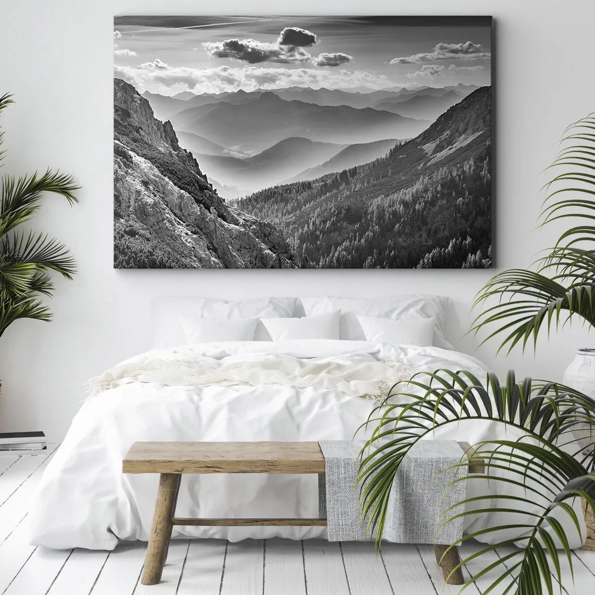 Schilderen op canvas - Zwart-wit berglandschap met wolken boven de toppen - 70x50cm - Tot aan de horizon - Moderne wanddecoratie voor woonkamer en slaapkamer ARTTOR