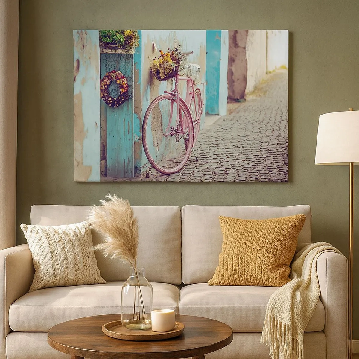 Schilderen op canvas - Een roze fiets bij een turquoise deur - 70x50cm - Ben zo terug - Moderne wanddecoratie voor woonkamer en slaapkamer ARTTOR