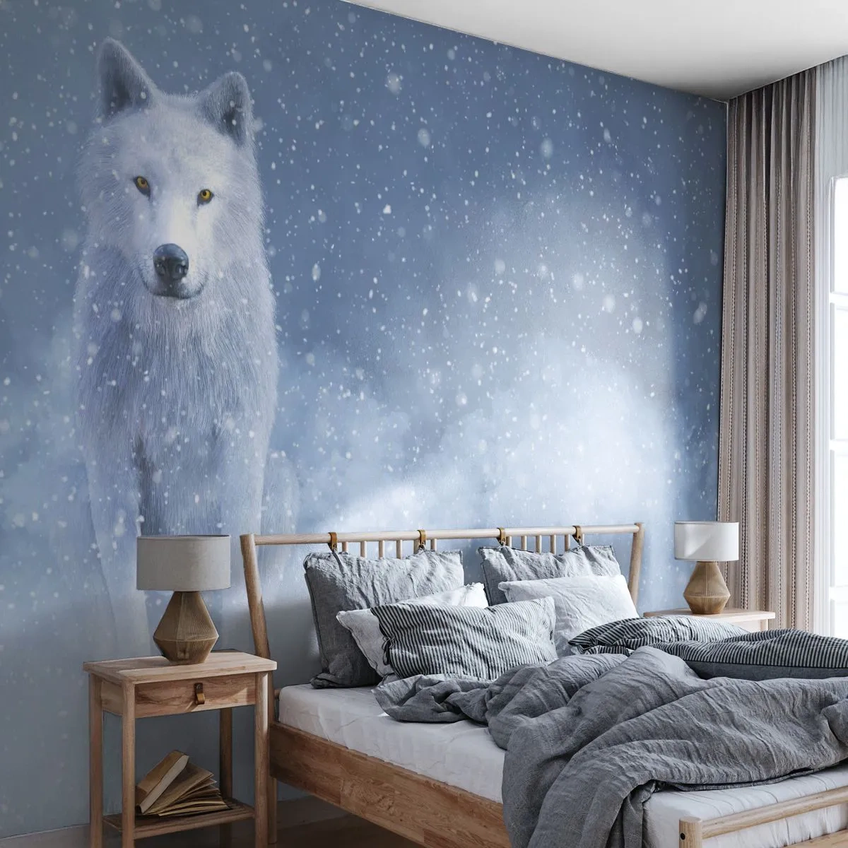 Fotobehang Premium Sand - In winterse sferen - witte wolf, Dieren, Winter - 150x105 cm