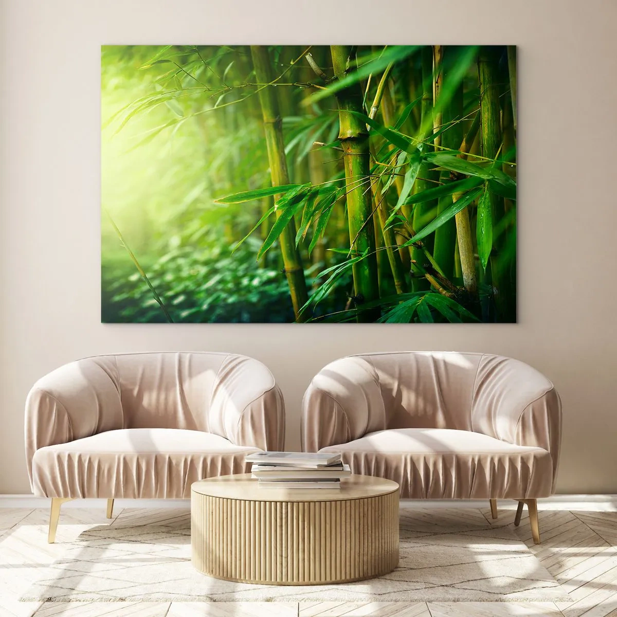 Schilderen op glas - Groen bamboebos in de zon - 70x50cm - Maak kennis met groen zelf - Moderne wanddecoratie voor woonkamer en slaapkamer ARTTOR