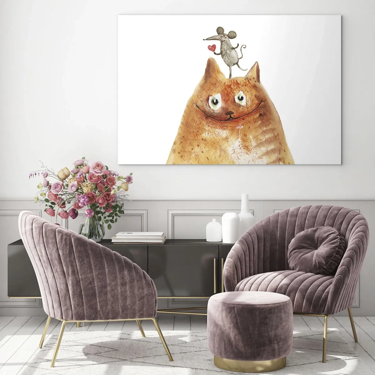 Schilderen op glas - Een kat met een muis op zijn kop in een humoristische stijl - 70x50cm - De paradoxen van de liefde - Moderne wanddecoratie voor woonkamer en slaapkamer ARTTOR