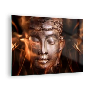 Schilderen op glas - Het wazige gezicht van de Boeddha in warme tinten goud en bruin - 70x50cm - Het bestaat alleen hier en nu - Moderne wanddecoratie voor woonkamer en slaapkamer ARTTOR