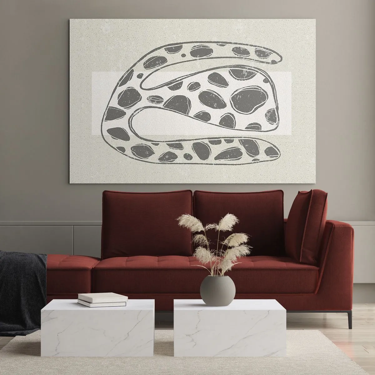 Schilderen op glas - Een fantasierijke organische vorm in grijstinten op beige - 70x50cm - Een vreemd wezen - Moderne wanddecoratie voor woonkamer en slaapkamer ARTTOR