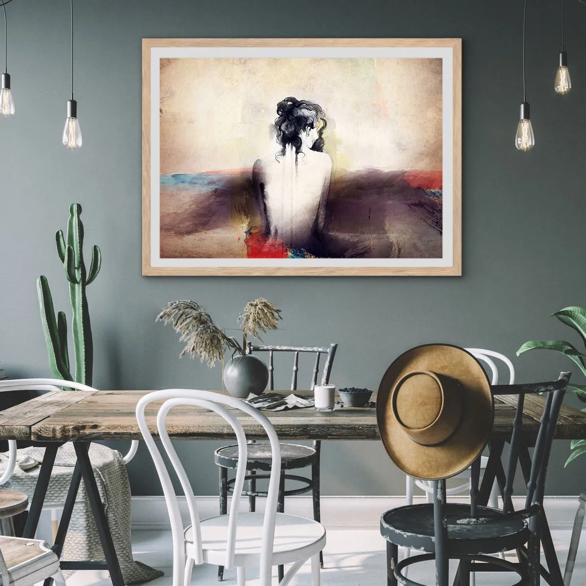 Een poster in een licht eiken lijst - Vloeiende lijnen, ovale vormen - 70x50 cm