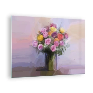 Schilderen op glas - Een boeket rozen in een glazen vaas op een pastelkleurige achtergrond - 70x50cm - Ingehouden schoonheid - Moderne wanddecoratie voor woonkamer en slaapkamer ARTTOR