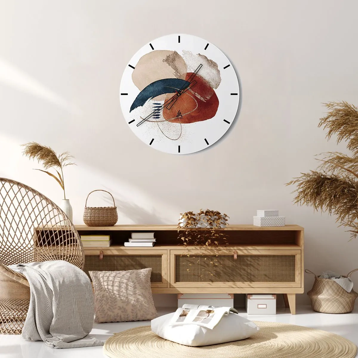 Wandklok - Klok - Abstracte vlekken in tinten beige, marineblauw en terracotta - 30x30cm - Ovale compositie - Moderne wanddecoratie voor woonkamer, keuken en slaapkamer ARTTOR