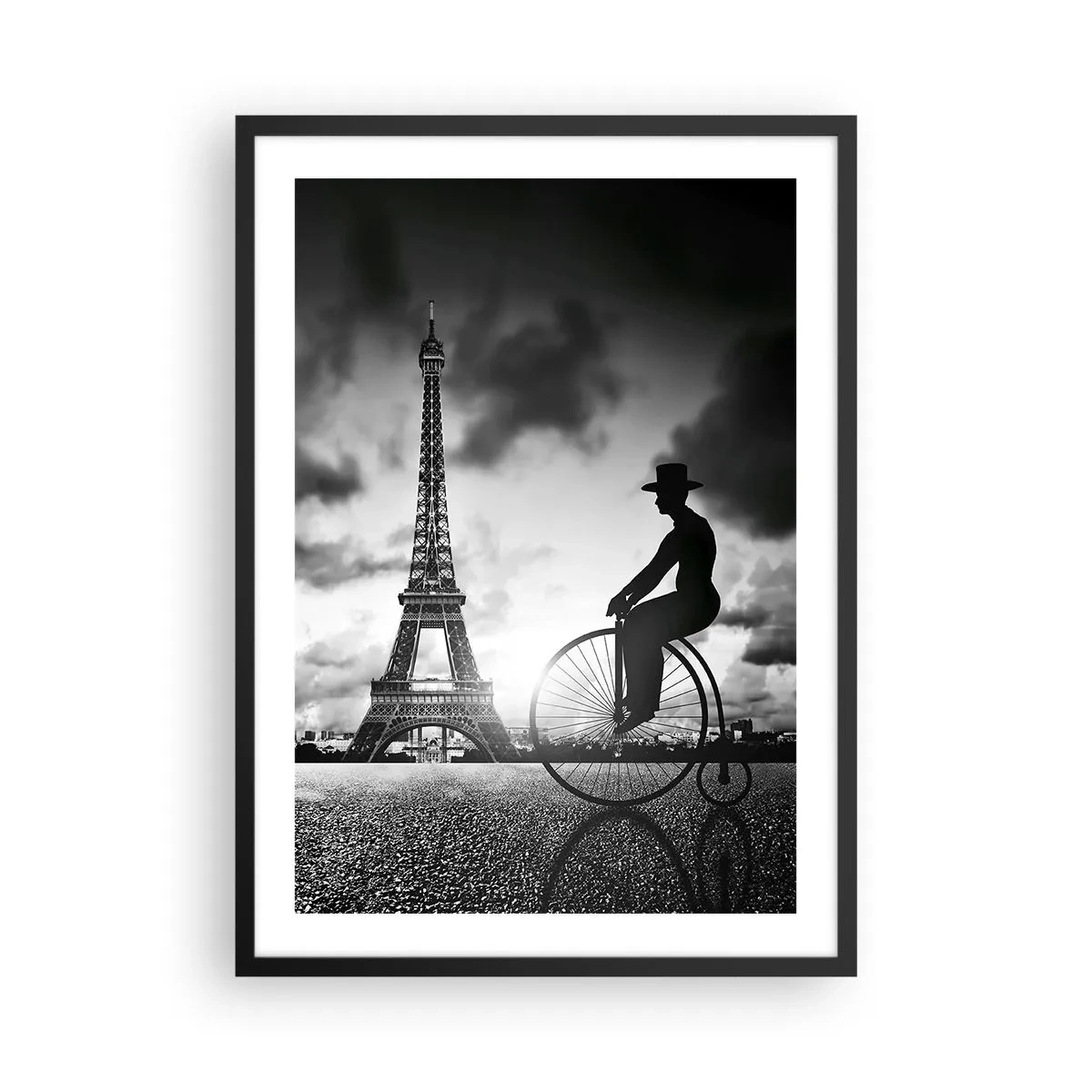 Poster in een zwarte lijst - Silhouet van een fietser tegen de achtergrond van de Eiffeltoren - 50x70cm - Verlangen naar Belle Epoque - Moderne wanddecoratie voor woonkamer en slaapkamer ARTTOR