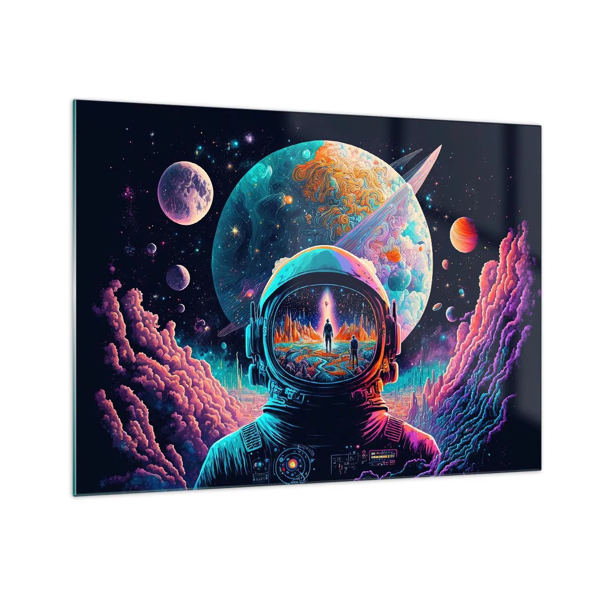 Schilderen op glas - Een ruimtelandschap met een astronaut en een surrealistische planeet. - 70x50cm - Filosofen hebben er niet van gedroomd - Moderne wanddecoratie voor woonkamer en slaapkamer ARTTOR