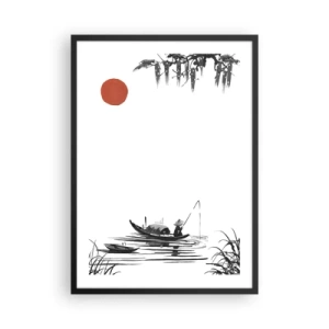 Poster in een zwarte lijst - Minimalistisch schilderij van een visser in een boot met een rode zon. - 50x70cm - Aziatische middag - Moderne wanddecoratie voor woonkamer en slaapkamer ARTTOR