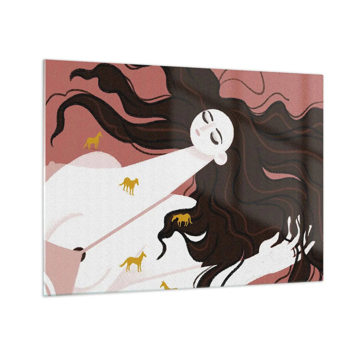Schilderen op glas - Een vrouw met lang haar en gouden paarden op een roze achtergrond. - 70x50cm - Droom over een gouden paard - Moderne wanddecoratie voor woonkamer en slaapkamer ARTTOR