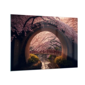 Schilderen op glas - Kersenbloesem en een Japanse brug gezien door de ronde poort - 70x50cm - Japanse lente - Moderne wanddecoratie voor woonkamer en slaapkamer ARTTOR