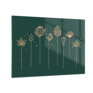 Schilderen op glas - Gouden contouren van kruiden en bloemen op een donkergroene achtergrond - 70x50cm - Kruidenfamiie / Familie Ziółkowsi ?? - Moderne wanddecoratie voor woonkamer en slaapkamer ARTTOR