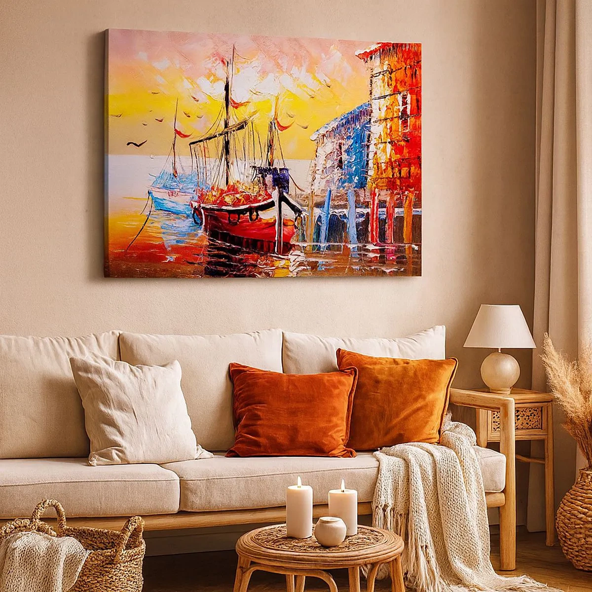 Schilderen op canvas - Schilderachtige haven bij zonsondergang met vissersboten - 70x50cm - Gelukkige terugkeer - Moderne wanddecoratie voor woonkamer en slaapkamer ARTTOR
