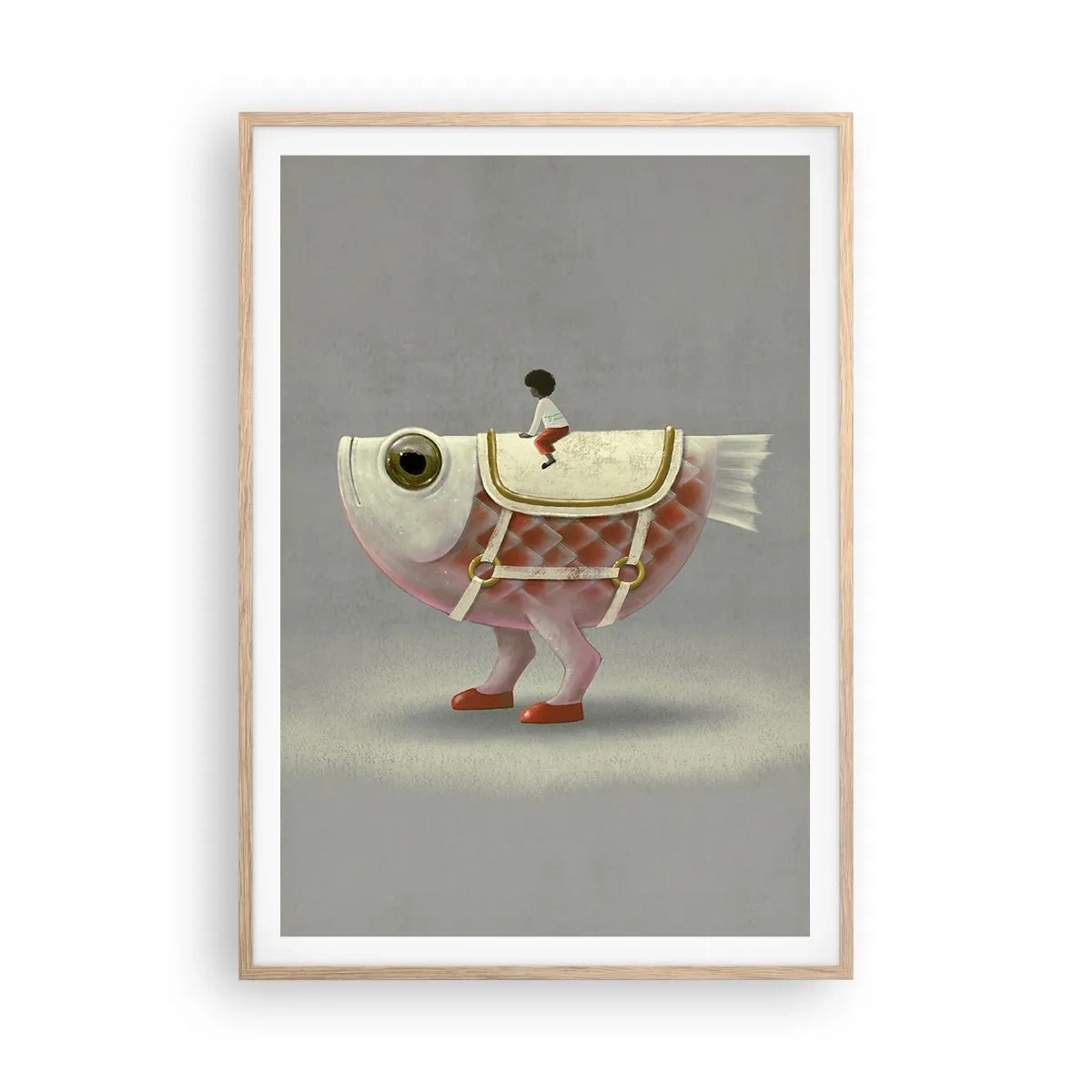 Een poster in een licht eiken lijst - Ruiter op een surrealistische vis - 70x100 cm