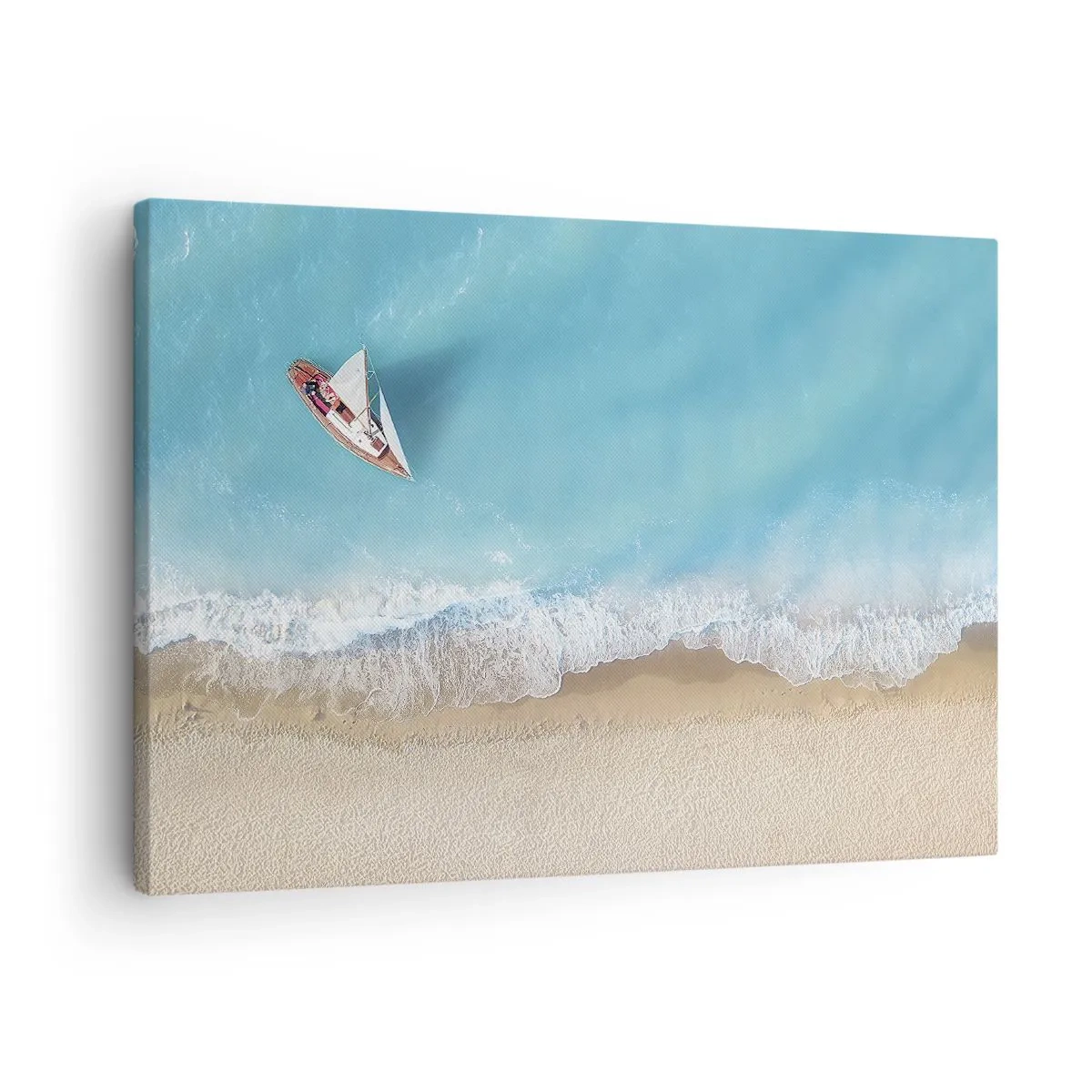 Schilderen op canvas - Een vogelperspectief van een boot op het strand - 70x50cm - Op de grens van blauw en goud - Moderne wanddecoratie voor woonkamer en slaapkamer ARTTOR