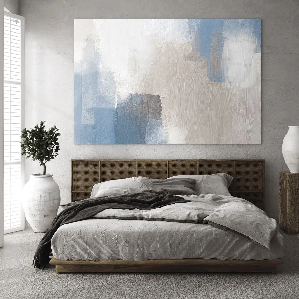 Schilderen op glas - Roze abstractie achter een blauw gordijn - 120x80 cm