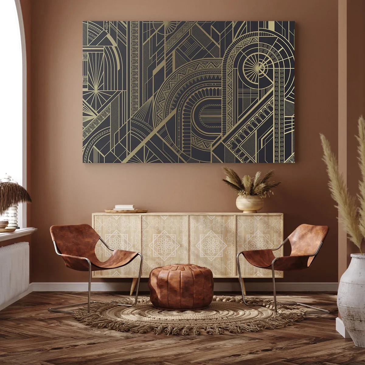 Schilderen op canvas - Gouden geometrische patronen op een zwarte achtergrond in Art Deco-stijl - 70x50cm - Concepten, ideeën, plannen - Moderne wanddecoratie voor woonkamer en slaapkamer ARTTOR