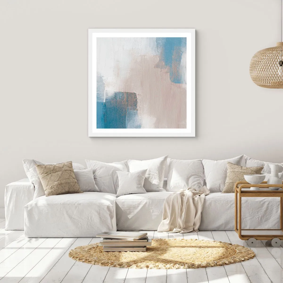 Poster in een witte lijst - Roze abstractie achter een blauw gordijn - 30x30 cm