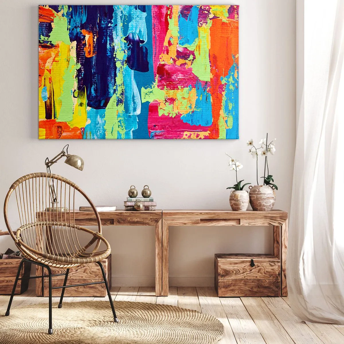 Schilderen op canvas - Abstracte compositie van kleuren in een dynamische vorm - 70x50cm - Het leven is mooi! - Moderne wanddecoratie voor woonkamer en slaapkamer ARTTOR