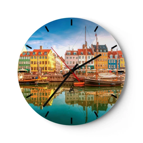 Wandklok - Klok - Kleurrijke huurkazernes en boten in de stadshaven - 30x30cm - Over het water zo glad als een spiegel - Moderne wanddecoratie voor woonkamer, keuken en slaapkamer ARTTOR