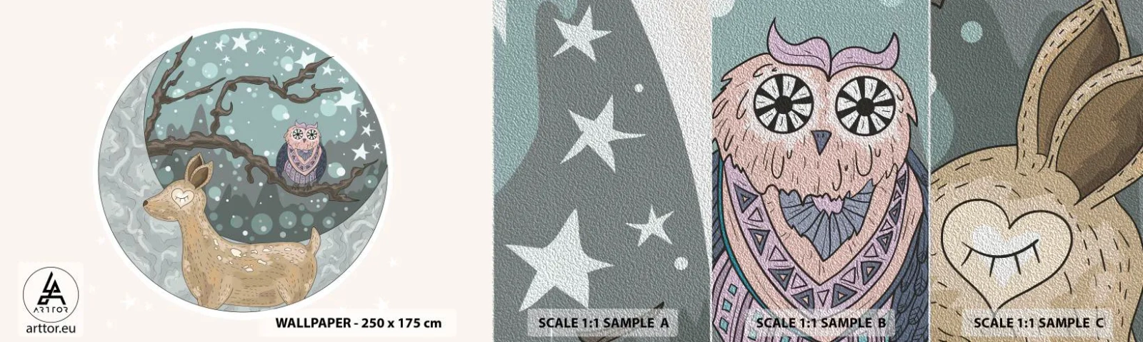 Fotobehang Monster Premium Sand - Een sprookjesachtige bosnacht - Voor kinderen, Grafisch, Sterren - 100x30 cm